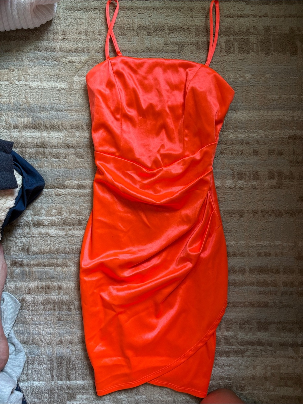Honey and Rosie Bright Orange Satin Mini Dress with Spaghetti Straps
